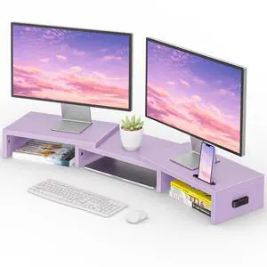 Dual Monitor Stand Riser with Smartphone Holder, Adjustable Length & Swivel Angle, Ergonomic Wooden Desktop Organizer for PC Monitor, Laptop, Printer, Large Storage, Purple Dual Monitor Stand Riser with Smartphone Holder, Adjustable Length & Swivel Angle, Ergonomic Wooden Desktop Organizer for PC Monitor, Laptop, Printer, Large Storage, Purple