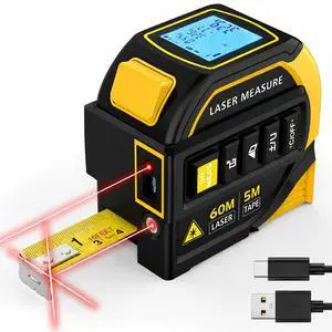 Laser Tape Measure 4-in-1, 197FT Laser Distance Meter with 16FT Auto-Lock Tape, Cross-Line Laser Level, Dual-Axis Angle, Backlit LCD, Distance/Area/Volume, Pythagorean Theorem & Angle Measurement Laser Tape Measure 4-in-1, 197FT Laser Distance Meter with 16FT Auto-Lock Tape, Cross-Line Laser Level, Dual-Axis Angle, Backlit LCD, Distance/Area/Volume, Pythagorean Theorem & Angle Measurement