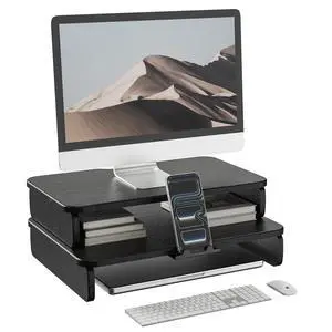 Dual-Layer Monitor Stand Riser, 2-Tier Ergonomic Desk Organizer with Hidden Phone Holder & Cable Management, Multi-use Desk Stand for Computer, Laptop, Office Supplies, Black Dual-Layer Monitor Stand Riser, 2-Tier Ergonomic Desk Organizer with Hidden Phone Holder & Cable Management, Multi-use Desk Stand for Computer, Laptop, Office Supplies, Black