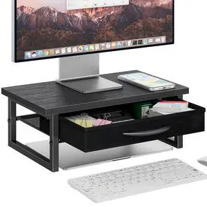 2-Tier Monitor Stand with Fabric Drawer Wood and Metal Computer Riser, Desk Organizer for Office, Black 2-Tier Monitor Stand with Fabric Drawer Wood and Metal Computer Riser, Desk Organizer for Office, Black
