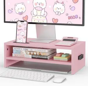 Wooden Monitor Stand Riser, 2-Tier Desk Shelf with Storage Organizer, Ergonomic Computer Stand with Cable Management, Cellphone Holder, Pink, 16.5 Inch Wooden Monitor Stand Riser, 2-Tier Desk Shelf with Storage Organizer, Ergonomic Computer Stand with Cable Management, Cellphone Holder, Pink, 16.5 Inch