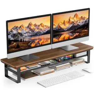 Dual Monitor Stand, 35.4 Inch Monitor Stand Riser for 2 Monitors, 2 Tiers Wood Desk Shelf with Storage, Desktop Organizer Stand for Computer, Laptop, Printer, TV Dual Monitor Stand, 35.4 Inch Monitor Stand Riser for 2 Monitors, 2 Tiers Wood Desk Shelf with Storage, Desktop Organizer Stand for Computer, Laptop, Printer, TV