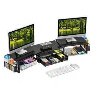 Dual Monitor Stand Riser with Drawer and 2 Pen Holders, Desk Organizer with Storage, Black Dual Monitor Stand Riser with Drawer and 2 Pen Holders, Desk Organizer with Storage, Black