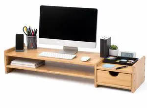 Bamboo 2-Tier Monitor Stand Riser with Drawers, Desktop Organizer for Laptop, Computer, Printer, Cellphone - Reduce Neck & Eye Strain, Office & Home Use Bamboo 2-Tier Monitor Stand Riser with Drawers, Desktop Organizer for Laptop, Computer, Printer, Cellphone - Reduce Neck & Eye Strain, Office & Home Use