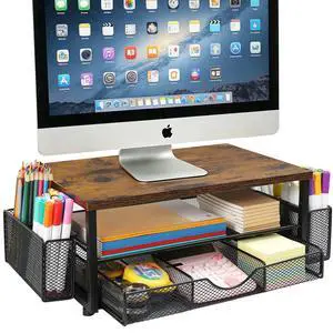 Wooden Monitor Stand Riser 2-Tier Desk Organizer with Drawers and Pen Holders Multi-Functional for Home Office Sturdy Easy Assembly Strong Load Bearing. Wooden Monitor Stand Riser 2-Tier Desk Organizer with Drawers and Pen Holders Multi-Functional for Home Office Sturdy Easy Assembly Strong Load Bearing.