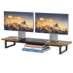 38 Inch Dual Monitor Stand Riser, Wood and Steel Desk Organizer for 2 Monitors, Home Office, Rustic Brown 38 Inch Dual Monitor Stand Riser, Wood and Steel Desk Organizer for 2 Monitors, Home Office, Rustic Brown
