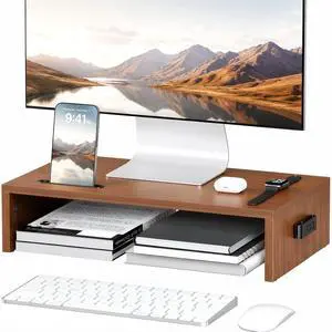 Monitor Stand Riser with Cellphone Holder & Cable Management, 16.7 Inch Wood Monitor Riser Stand, Desktop Stand for PC/TV/Laptop/Printer, Walnut Monitor Stand Riser with Cellphone Holder & Cable Management, 16.7 Inch Wood Monitor Riser Stand, Desktop Stand for PC/TV/Laptop/Printer, Walnut