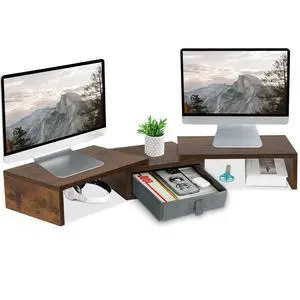 3 Shelf Monitor Stand Riser With Drawer - Length and Angle Adjustable Dual Riser With Storage Corner Desk Shelf Organizer Large Computer Stand for 2 Monitors/Laptop (Brown, 1 Drawer) 3 Shelf Monitor Stand Riser With Drawer - Length and Angle Adjustable Dual Riser With Storage Corner Desk Shelf Organizer Large Computer Stand for 2 Monitors/Laptop (Brown, 1 Drawer)