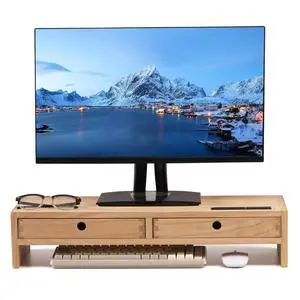 Wood Monitor Stand with 2 Drawers, Solid Wood Computer Monitor Riser for Desk, Desktop Organizer Shelf with Cable Management, Pen Slots, Natural, No Assembly PMJ-NA Wood Monitor Stand with 2 Drawers, Solid Wood Computer Monitor Riser for Desk, Desktop Organizer Shelf with Cable Management, Pen Slots, Natural, No Assembly PMJ-NA