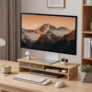 Bamboo Monitor Stand with Acrylic Sliding Door, Monitor Riser with Storage and Cable Management, Wood Desk Shelf for Home Office, Laptop and Printer Bamboo Monitor Stand with Acrylic Sliding Door, Monitor Riser with Storage and Cable Management, Wood Desk Shelf for Home Office, Laptop and Printer