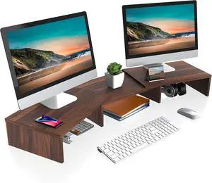 Dual Monitor Stand 3 Shelf Computer Monitor Riser, Wood Desktop Stand with Adjustable Length and Angle, Desk Accessories, Office Supplies Medium Brown, DT108002WB Dual Monitor Stand 3 Shelf Computer Monitor Riser, Wood Desktop Stand with Adjustable Length and Angle, Desk Accessories, Office Supplies Medium Brown, DT108002WB