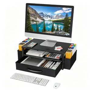 Desk Organizer and Accessories, 2-Tier Computer Monitor Stand Riser with Drawer & 2 Pen Holders - Multi-Functional Desk Organizer for Laptop, Printer & Home Office Supplies, Black Desk Organizer and Accessories, 2-Tier Computer Monitor Stand Riser with Drawer & 2 Pen Holders - Multi-Functional Desk Organizer for Laptop, Printer & Home Office Supplies, Black