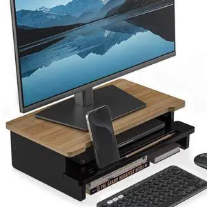 Computer Monitor Stand Riser, 16.5 Inch Wood Desk Shelf Storage Organizer with Phone Tablet Holder, Black & Dark Bamboo Computer Monitor Stand Riser, 16.5 Inch Wood Desk Shelf Storage Organizer with Phone Tablet Holder, Black & Dark Bamboo