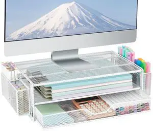 Computer Monitor Stands Riser2-Tier Desk Organizers and Accessories, Office Desk Accessories Organizer with Drawers and 2 Pen Holder for Office Supplies (White) Computer Monitor Stands Riser2-Tier Desk Organizers and Accessories, Office Desk Accessories Organizer with Drawers and 2 Pen Holder for Office Supplies (White)
