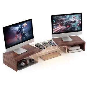 High-Clarity Dual Monitor Riser, Desk Organizer for Computer Monitor, Acrylic Monitor Riser with Keyboard Storage, Adjustable Angle & Length Computer Monitor Stand Walnut Look High-Clarity Dual Monitor Riser, Desk Organizer for Computer Monitor, Acrylic Monitor Riser with Keyboard Storage, Adjustable Angle & Length Computer Monitor Stand Walnut Look
