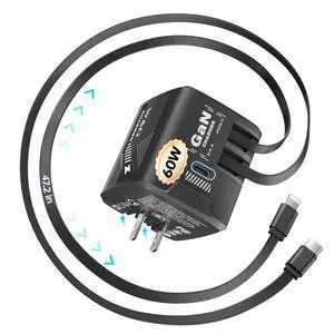 60W gan Fast Charger for iPhone, Retractable Phone Charger Wall Plug with USBC & Compatible Lightning Cables,for iPhone 17/16/15, Galaxy S25/24,Android DevicesBlack 60W gan Fast Charger for iPhone, Retractable Phone Charger Wall Plug with USBC & Compatible Lightning Cables,for iPhone 17/16/15, Galaxy S25/24,Android DevicesBlack