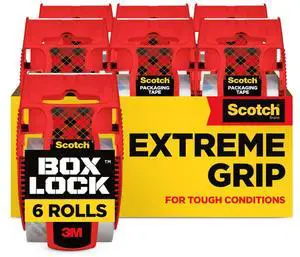 Box Lock Packing Tape, Clear, Extreme Grip Box Packaging Tape for Shipping and Mailing, 1.88 in. x 22.2 yd., 6 Rolls with Dispensers Box Lock Packing Tape, Clear, Extreme Grip Box Packaging Tape for Shipping and Mailing, 1.88 in. x 22.2 yd., 6 Rolls with Dispensers