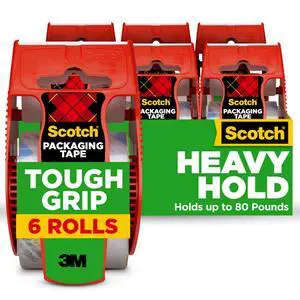 Tough Grip Moving Packing Tape, Clear, Moving Tape that Secures Boxes up to 80 Pounds, 1.88 in. x 22.2 yd., 6 Tape Rolls with Dispensers Tough Grip Moving Packing Tape, Clear, Moving Tape that Secures Boxes up to 80 Pounds, 1.88 in. x 22.2 yd., 6 Tape Rolls with Dispensers