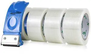 Strapping Tape 2Inch with Dispenser, Heavy Duty Fiberglass Reinforced Packing Tape with String for Moving and Shipping, 4Rolls x 5.5Mil x 35Yds, Total 140Yds Strapping Tape 2Inch with Dispenser, Heavy Duty Fiberglass Reinforced Packing Tape with String for Moving and Shipping, 4Rolls x 5.5Mil x 35Yds, Total 140Yds