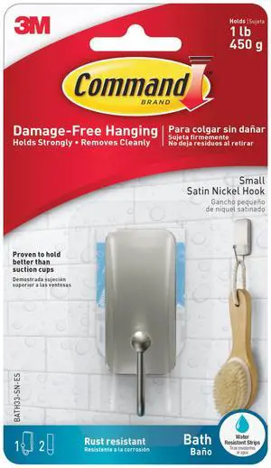 Small Bath Hook, Holds up to 1 lb, 1 Satin Nickel Shower Hook with 2 Water Resistant Strips, Damage-Free Bathroom Organization Small Bath Hook, Holds up to 1 lb, 1 Satin Nickel Shower Hook with 2 Water Resistant Strips, Damage-Free Bathroom Organization