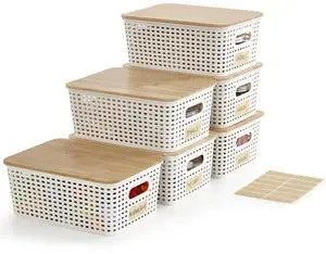Small Plastic Storage Bins with Bamboo Lids 5.2qt Stackable Box Basket Pantry Decorative Containers Cute with Labels for Organizing Desktop Closet Office Cream White of 6 packs 10*7.2*4.1" Small Plastic Storage Bins with Bamboo Lids 5.2qt Stackable Box Basket Pantry Decorative Containers Cute with Labels for Organizing Desktop Closet Office Cream White of 6 packs 10*7.2*4.1"