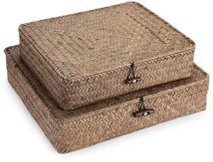 Set of 2 Flat Woven Wicker Storage Bins with Lid Natural Seagrass Basket Multipurpose Home Boxes for Shelf Organizer (Coffee) Set of 2 Flat Woven Wicker Storage Bins with Lid Natural Seagrass Basket Multipurpose Home Boxes for Shelf Organizer (Coffee)