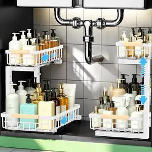Under Sink Organizer, Pull Out Kitchen Storage Cabinet Organizer, 2-Tier Metal Slide Out Shelf for Bathroom Laundry Kitchen Storage with Drawers, 11.8"W x 15.9"D x 13.8-16.9"H, White, 2 Pack Under Sink Organizer, Pull Out Kitchen Storage Cabinet Organizer, 2-Tier Metal Slide Out Shelf for Bathroom Laundry Kitchen Storage with Drawers, 11.8"W x 15.9"D x 13.8-16.9"H, White, 2 Pack