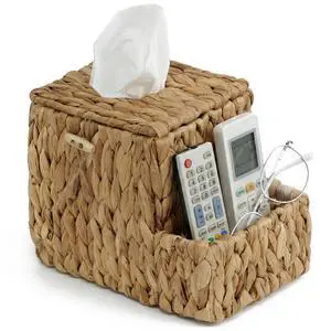Water Hyacinth Tissue Box Cover with Side Organizer, Handwoven Wicker Napkin Box Holder with Metal Frame, Boho Farmhouse Tissue Box Storage for Kitchen, Bedroom & Living Room Water Hyacinth Tissue Box Cover with Side Organizer, Handwoven Wicker Napkin Box Holder with Metal Frame, Boho Farmhouse Tissue Box Storage for Kitchen, Bedroom & Living Room
