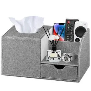 Nightstand Organizer with Tissue Holder,PU Leather Square Tissue Box Cover,Modern Facial Paper Organizer Storage Box for Remote Control,Bathroom,Vanity Countertop,End Table Home Office.Gray Nightstand Organizer with Tissue Holder,PU Leather Square Tissue Box Cover,Modern Facial Paper Organizer Storage Box for Remote Control,Bathroom,Vanity Countertop,End Table Home Office.Gray