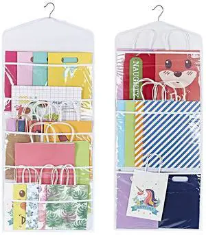Hanging Double Sided Gift Bag Storage Organizer with Multiple Front and Back Pockets - Organize Your Gift Wrap, Tissue Paper, and Paper Bags 38 x 16 Inch PVC (White) Hanging Double Sided Gift Bag Storage Organizer with Multiple Front and Back Pockets - Organize Your Gift Wrap, Tissue Paper, and Paper Bags 38 x 16 Inch PVC (White)