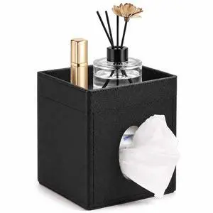 Leather Tissue Box Cover with Storage Tray, Square Facial Tissue Box Holder for Bathroom, Office Table, Countertop, Night Stand & More (Black) Leather Tissue Box Cover with Storage Tray, Square Facial Tissue Box Holder for Bathroom, Office Table, Countertop, Night Stand & More (Black)