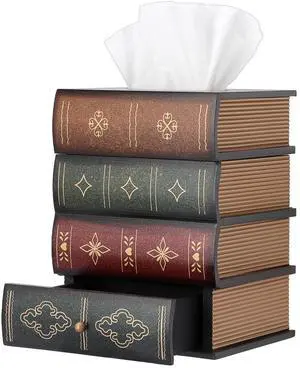 Antique Wooden Book Tissue Box Cover with Storage Drawer, Square Tissue Holder Decorative Tissue Dispenser Case Retro Vintage Home Decor for Table Desk Bathroom Living Room Office, Brown Top Antique Wooden Book Tissue Box Cover with Storage Drawer, Square Tissue Holder Decorative Tissue Dispenser Case Retro Vintage Home Decor for Table Desk Bathroom Living Room Office, Brown Top