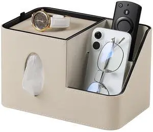 PU Leather Square Tissue Box Cover with Magnetic Closure, Tissue Holder with Storage Tray & Remote Control Organizer, for Nightstand, Living Room, Bathroom, Office Desk (Beige) PU Leather Square Tissue Box Cover with Magnetic Closure, Tissue Holder with Storage Tray & Remote Control Organizer, for Nightstand, Living Room, Bathroom, Office Desk (Beige)