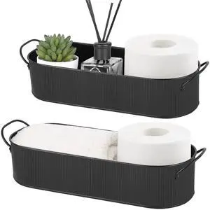 Metal Storage Basket for Toilet Tank Top Bathroom Decor, Galvanized Tray with Handle for Shelves, Farmhouse Toilet Paper Holder Organizing Bin Box for Countertop Living Room, Set of 2, Black Metal Storage Basket for Toilet Tank Top Bathroom Decor, Galvanized Tray with Handle for Shelves, Farmhouse Toilet Paper Holder Organizing Bin Box for Countertop Living Room, Set of 2, Black