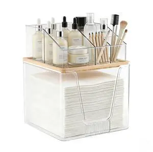 2 in 1 Disposable Facial Towel Holder and Cosmetic Organizer, Clear Storage with Bamboo Lid Compatible with Clean Skin Club Towel XL, Stackable Vanity Organizer for Bathroom Vanity Counter (1 Pack) 2 in 1 Disposable Facial Towel Holder and Cosmetic Organizer, Clear Storage with Bamboo Lid Compatible with Clean Skin Club Towel XL, Stackable Vanity Organizer for Bathroom Vanity Counter (1 Pack)
