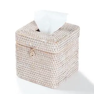 Rattan Square Tissue Box Cover, 5.7" x 5.7" x 5", Decorative Woven Facial Tissue Holder with Hinged Top Lid, Whitewash Rattan Square Tissue Box Cover, 5.7" x 5.7" x 5", Decorative Woven Facial Tissue Holder with Hinged Top Lid, Whitewash