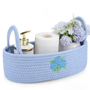 Hydrangea Toilet Paper Basket Boho Woven Cotton Rope Bathroom Countertop Organizer with Handle Blue Hydrangea Bathroom Storage Decor for Toilet Closet Bedroom Nursery, 13 x 6 x 4 Inch Hydrangea Toilet Paper Basket Boho Woven Cotton Rope Bathroom Countertop Organizer with Handle Blue Hydrangea Bathroom Storage Decor for Toilet Closet Bedroom Nursery, 13 x 6 x 4 Inch