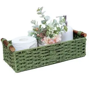 Round Paper Rope Storage Basket Wicker Baskets for Organizing with Handle Decorative Storage Bins for Countertop Toilet Paper Basket for Toilet Tank Top Small Baskets , Green Round Paper Rope Storage Basket Wicker Baskets for Organizing with Handle Decorative Storage Bins for Countertop Toilet Paper Basket for Toilet Tank Top Small Baskets , Green