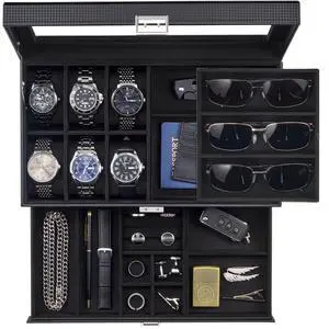 Mens Jewelry Box, Lockable 6 Slot Watch Case & 3 Slot Sunglasses Organizer, 2-layer Mens Jewelry Organizer Watch Box for Men, Watches Holder Display Storage, Fathers Day Gift -AllBlack Mens Jewelry Box, Lockable 6 Slot Watch Case & 3 Slot Sunglasses Organizer, 2-layer Mens Jewelry Organizer Watch Box for Men, Watches Holder Display Storage, Fathers Day Gift -AllBlack