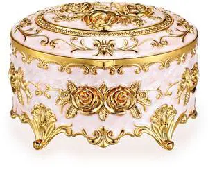Vintage Metal Jewelry Box - Oval Trinket Organizer Ring Box Case with Rose Pattern Jewelry Storage Box for Ring Earrings Necklace, Gift for Women Vintage Metal Jewelry Box - Oval Trinket Organizer Ring Box Case with Rose Pattern Jewelry Storage Box for Ring Earrings Necklace, Gift for Women