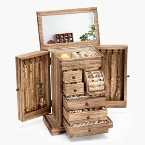 Jewelry Box for Women, Rustic Wooden Jewelry Boxes & Organizers with Mirror & Drawers,6 Layer Jewelry Organizer Box for Rings Earrings Necklaces Bracelets (Carbonized Black) Jewelry Box for Women, Rustic Wooden Jewelry Boxes & Organizers with Mirror & Drawers,6 Layer Jewelry Organizer Box for Rings Earrings Necklaces Bracelets (Carbonized Black)