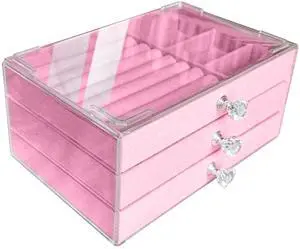 Clear Acrylic Velvet Jewelry Organizer with 3 Drawers, Stackable Display Storage Earrings Necklace Rings Bracelets Box Holder Case for Women, Pink Clear Acrylic Velvet Jewelry Organizer with 3 Drawers, Stackable Display Storage Earrings Necklace Rings Bracelets Box Holder Case for Women, Pink