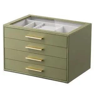 Jewelry Box Organizer Case for Women: 4-Layer Jewelry Storage Case with Glass Window, Olive Green Leather with Cream Velvet, Holder for Ring Necklace Bracelet Brooch Watch, Great Gift for Her Jewelry Box Organizer Case for Women: 4-Layer Jewelry Storage Case with Glass Window, Olive Green Leather with Cream Velvet, Holder for Ring Necklace Bracelet Brooch Watch, Great Gift for Her
