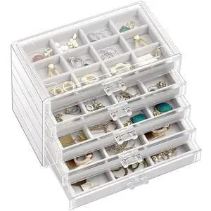 Earring Holder Organizer Jewelry Box with 5 Drawers, Acrylic Clear Earring Case with Adjustable Velvet Trays for Women - Grey, 5 Layers Earring Holder Organizer Jewelry Box with 5 Drawers, Acrylic Clear Earring Case with Adjustable Velvet Trays for Women - Grey, 5 Layers