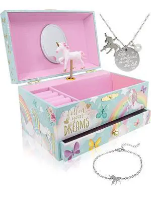 Co Unicorn Musical Jewelry Box Plays Classic Melody, Storage Organizer Music Box for Kids Ages 6-12, MDF Wood w/ 2 Fabric Lined Ring Bracelet Necklace Treasure Compartments Co Unicorn Musical Jewelry Box Plays Classic Melody, Storage Organizer Music Box for Kids Ages 6-12, MDF Wood w/ 2 Fabric Lined Ring Bracelet Necklace Treasure Compartments