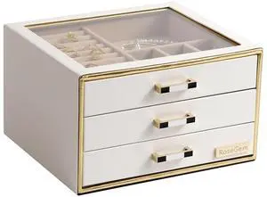 Jewelry Box for Women, Glass Lid Jewelry Organizer with 3 Drawers and Gold-Striped Trim, for Necklaces Rings Earrings Bracelets Mother Day Gift for Mom (White) Jewelry Box for Women, Glass Lid Jewelry Organizer with 3 Drawers and Gold-Striped Trim, for Necklaces Rings Earrings Bracelets Mother Day Gift for Mom (White)