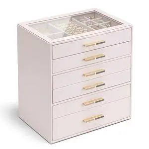 6-Drawer Jewelry Box with Glass Lid, Faux Leather Organizer for Rings Earrings Necklaces and More, Gift-Ready Jewelry Case for Women Girls or Moms, Pink Beige 6-Drawer Jewelry Box with Glass Lid, Faux Leather Organizer for Rings Earrings Necklaces and More, Gift-Ready Jewelry Case for Women Girls or Moms, Pink Beige