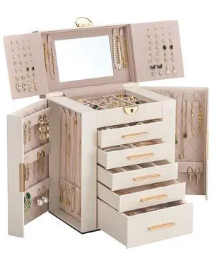 Large Jewelry Box Organizer for Women, 6-Layer Jewelry Organizers and Storage Case with Mirror & 5 Drawers, Lockable Watch Ring Earring Bracelet Necklace Holder Girls Gift -6Layer, Beige Large Jewelry Box Organizer for Women, 6-Layer Jewelry Organizers and Storage Case with Mirror & 5 Drawers, Lockable Watch Ring Earring Bracelet Necklace Holder Girls Gift -6Layer, Beige