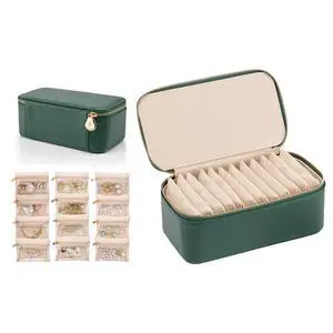 Travel Jewelry Box Organizer Portable PU Leather Jewelry Case with 6/8/12 Zippered Pouches, Compact Storage for Earrings Rings Necklaces Bracelets, Dark Green Travel Jewelry Box Organizer Portable PU Leather Jewelry Case with 6/8/12 Zippered Pouches, Compact Storage for Earrings Rings Necklaces Bracelets, Dark Green