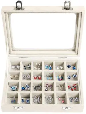 Velvet Jewelry Box 24 Grid Jewelry Earrings Display Organiser Box Ring Tray Holder Earrings Storage Case for Girls Women Wife Mom (Beige) Velvet Jewelry Box 24 Grid Jewelry Earrings Display Organiser Box Ring Tray Holder Earrings Storage Case for Girls Women Wife Mom (Beige)